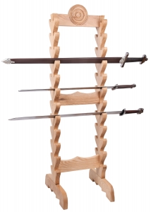 Supporto per spade in legno, Medioevo - Pistole Antiche e Armi da Fuoco - Espositori vuoti - Il supporto, equipaggiabile su entrambi i lati, offre spazio per un totale di 24 spade, pugnali o asce.