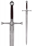 Swords and Ancient Weapons - Medieval Swords - Irish gallowglass two-handed sword - Our inexpensive reconstruction of a Gallowglass Sword features a broad, flat, double-edged EN45 spring steel blade with an approx. 15cm ricasso at the base and four fullers on either side (two running about a third of the blade length and two shorter) . The cutting edges are not sharpened. The hilt has an approx. 30 cm long crossguard with approx. 7 mm thick, E-shaped ends, a wooden grip firmly wrapped in brown leather, and ends with the iconic ring pommel that adorns many Irish swords.