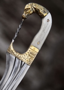 Stride (kopis) With Scabbard IV-III century BC, Ancient Rome - Greek Armour - Curved sword with sheath in use among the soldiers Macedonians and Carthaginians, steel blade and bone handle and brass metal depicting the head of a horse.