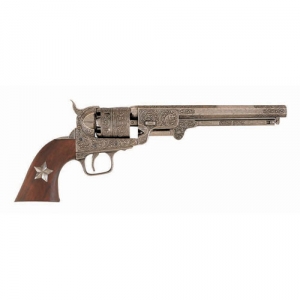 Colt Navy Modello 1851, Medioevo - Pistole Antiche e Armi da Fuoco - Revolver - Revolver a percussione americano Colt modello 1851 a 6 colpi, calcio in legno decorato da una stella in metallo simbolo dei Rangers del Texas, Lunghezza totale 34 cm