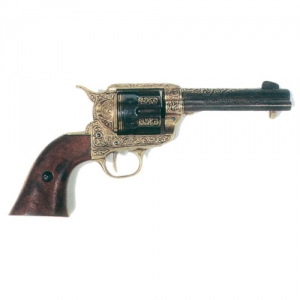 Colt Peacemaker, Medioevo - Pistole Antiche e Armi da Fuoco - Revolver - Introdotta nel 1873, realizzata in metallo fuso, Tamburo e canna hanno finitura brunita decorate con arabeschi dorati, castello ha finitura dorata con arabeschi incisi, lunghezza 29 cm.
