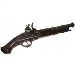 Flintlock pistol cen. XVIII, Medieval - Firearms - Flintlock pistols, Old Guns - French pistol of the XVIIIth century provided with a two-orders barrel with an enlarged mouth. Not fireable. Overall lenght 37 cms.