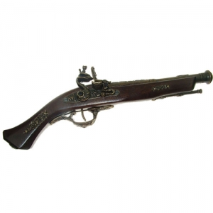 Flintlock pistol cen. XVII, Medieval - Firearms - Flintlock pistols, Old Guns - Lombard flintlock pistol of the half of the XVIIth century, entirely made in wood with barrel and equipment in golden cast metal, not fireable, overall lenght 38 cms.