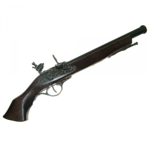 Flintlock pistol cen. XVII, Medieval - Firearms - Flintlock pistols, Old Guns - Flintlock pistol of the XVIIth century made in Brescia (Italy), entirely made in wood, with barrel, forniments and trigger in cast burnished metal. Not fireable, overall lenght 44 cms.
