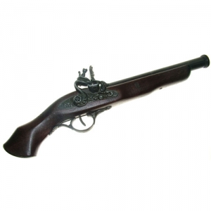 Flintlock pistol cen. XVII, Medieval - Firearms - Flintlock pistols, Old Guns - Flintlock pistol of the XVII century, This pistol lacks the ramrod, made entirely in wood with barrel and accessories in burnished cast metal,  not fireable, overall lenght 39 cms.
