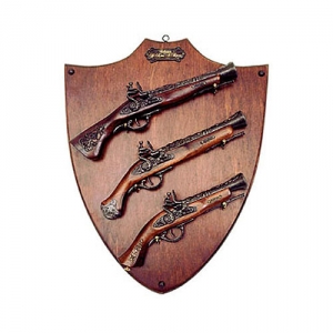 Panel with three flintlock pistols, Medieval - Firearms - Flintlock pistols, Old Guns - It holds the reproduction of three not fireable flintlock pistols: Trombino,  Terzetta, size 57 X 47 cms.
