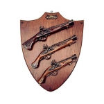 Medieval - Firearms - Flintlock pistols, Old Guns - It holds the reproduction of three not fireable flintlock pistols: Trombino,  Terzetta, size 57 X 47 cms.
