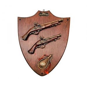 Panel with two flintlock pistols and powder flask, Medieval - Firearms - Flintlock pistols, Old Guns - Panel with two flintlock pistols and powder flask, it holds the not fireable reproduction of two flintlock pistols and a powder flask in bronze plated cast metal.