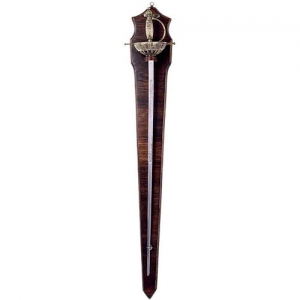 Pannello con spada da lato, Medioevo - Oggettistica medievale - Trofei medievali - Pannello provvisto di una spada da lato del XVI secolo con elsa a conchiglia.