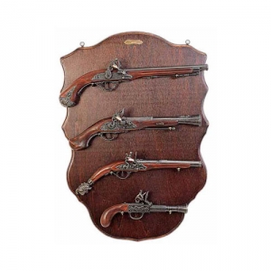 Panel with four flintlock pistols, Medieval - Firearms - Flintlock pistols, Old Guns - Panel with four flintlock pistols, it holds the not fireable reproduction of four flintlock pistols, size 73 X 50 cms.