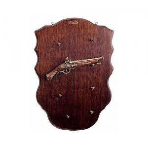 Wall exhibitor for four pistols, Medieval - Firearms - Bare exhibitors - Exhibitor in shaped wood, provided with metallic rings to hang it from the wall and with eight metal hooks fit to hold four flintlock pistols,