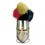 Armours - Medieval Helmets - Templar helmet wearable parade, complete with ostrich feathers and colored steel support table.