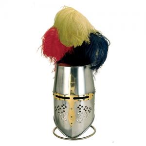 Templar helmet, Armours - Medieval Helmets - Templar helmet wearable parade, complete with ostrich feathers and colored steel support table.