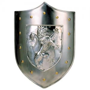 Rampant lion shield, Armours - Medieval shields - Ornamental metal shield pinned to the head and rounded at the tip, size 62x43 cm.