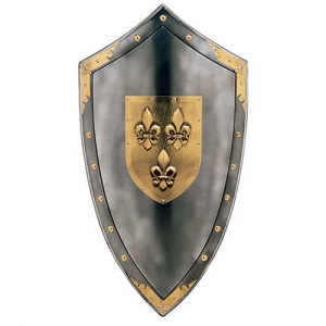 Triangular shield Anjou, Armours - Medieval shields - Triangular metal shield depicting the arms of the House of Anjou three lilies.