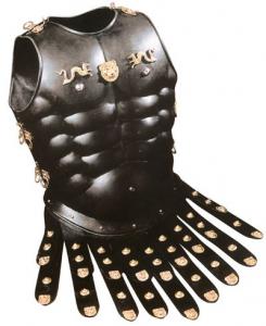 Greek Muscle Breastplate, Armours - Medieval Body Armour - Muscular armor made of black metal decorated with two dragons and a lion-headed brass-plated metal in the center of the chest with leather strips and wearable.