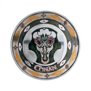 Conan the Barbarian Warrior Shield, Armours - Medieval shields - Conan shield, metal circular and convex profile, decorated with tungsten and copper-colored geometric designs in black, gold and red.