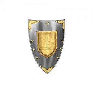 Shield Highlander, Armours - Medieval shields - Highlander Scapezzano iron shield decorated with gilt metal, size 72x50 cm.