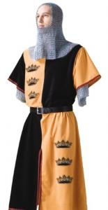 Costume Re Artù, Medioevo - Abbigliamento medievale - Costume Re Artù, tunica realizzata in velluto nero e giallo con i blasoni delle  tre corone di Arthur Pendragon in fili d'oro. Il prezzo è riferito alla sola tunica.