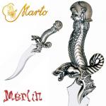 Swords and Ancient Weapons - Legendary Swords - Pugnale di Merlino costituito da una lama curva in acciaio e formimento con decorazioni teriomorfe che terminano con pomellatura raffigurante il volto del Mago in metallo argentato.