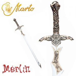 Spada Merlino, Swords and Ancient Weapons - Legendary Swords - Lama in acciaio con fornimento decorato a rilievo placcato in argento e pomo sferico.