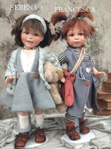 Francesca and Serena dolls with Bear, Collectible Porcelain Dolls - Porcelain Dolls - Bisque Porcelain Dolls - Biscuit porcelain dolls made in Italy. Height 15 in.