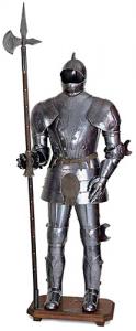Medieval armor, Armours - Medieval Armour - Medieval armor (aluminum material, dark in color), hand-finished leather and fitted with wooden base and pike.