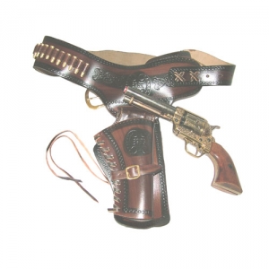 One-holster gunbelt, Medieval - Firearms - Revolvers - Gunbelt provided with one holster and shot-holder with inserted bullets. Entirely made in dark leather with seams and burned inserts highlighted in black,
