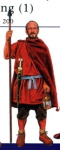 Costume da Romano, Antica Roma - Vestiario Romano - Costume da Romano comprende. tunica rossa con bande blu, Mantello marrone con cappuccio, braghe romane al ginocchio.