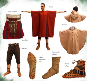 Roman Outfit 1st cent, Ancient Rome - Roman clothing - Roman Outfit 1st cent, Full Roman outfit (0 -100 d.c), square Tunica cum clavi (stripes), band ventralis (waistband), braccae (trousers) just-under-the-knee length,