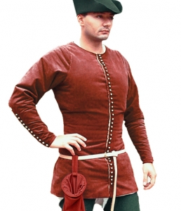 Completo XIV secolo A, Medioevo - Abbigliamento medievale - Costumi Medievali (uomo) - Abito completo 1360-1410 con Cottardita dalla fitta abbottonatura frontale.