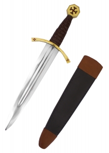 Templar Dagger with Leather Scabbard, Swords and Ancient Weapons - Daggers and Sabres - This decorative Knights Templar dagger features an EN45 spring steel blade with a wide fuller. The edges are not sharpened and the blade's full tang is threaded to the pommel. The wooden core grip is elaborately bound in braided brown leather. The cross guard and the octagonal pommel are crafted from solid brass and adorned with enameled red crosses.