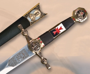 Daga Templare, Spade e Armi antiche - Spade Templari - Daga Templare decorata con simboli caratteristici dei templari, lama in acciaio e fodero.