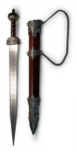 Roman Dagger with sheath black, Ancient Rome - Roman swords - Black Roman Dagger with scabbard and chain. Total length 78 cm. Blade steel: lengths: 56 cm, handle and sheath red metal.