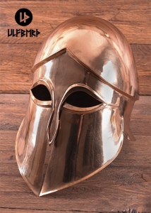 Greek Helmet - Corinthian Helmet, Ancient Rome - Greek Armour - Greek Helmet our replica is based on the Corinthian 'A' type. The helm is handmade of solid bronze. It has no liner as the rivets would have damaged the helmet calotte. But we will add a soft padded cap to each helmet. A perfect piece for collectors and Re-enactors of the Ancient Greek era, such as Hoplites.