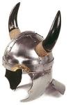 Armours - Medieval Helmets - Viking helmet dome structure with wedges and strips cross, shaped front, lined cheek pads, neck guard, helmet-horned ox, worn, size 40 x 32 x 26 cm.