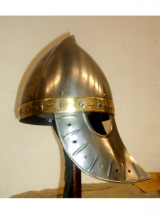 Medieval Italo-Norman Helmet, Armours - Medieval Helmets - Medieval Norman helmet with face guard. All of our historical reproductions of helmets in the Middle Ages, are forged by hand from a sheet of steel.