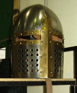 Templar Helmet, Armours - Medieval Helmets - Medieval knight armor crusader templar helmet with golden cross in complete protection of the head, used by heavy cavalry.