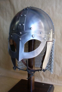 Viking Helmet Gjermundbu, Armours - Medieval Helmets - Viking Helmet Gjermundbu and chainmail drape in Steel; Leather Trim. Viking helmet with a metal mask to protect the eyes and nose, made entirely of iron, handmade with the application of a headset.