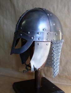 Viking Helmet Gjermundbu, Armours - Medieval Helmets - Viking Helmet Gjermundbu and chainmail drape in Steel; Leather Trim. Viking helmet with a metal mask to protect the eyes and nose, made entirely of iron, handmade with the application of a headset.