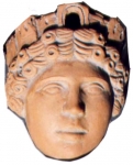 Terrecotte Pompei Ercolano Museum - Maschera greca raffigurante Tyche la dea greca della fortuna sec.III a.c, personaggio della mitologia greca,  scultura in terracotta.