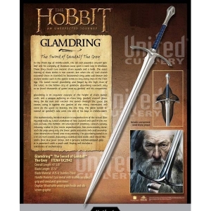 Glamdring, World Cinema - Hobbit Collection - Hobbit Glamdring The Sword Of Gandalf. Full size prop replica. Stainless steel blade. Comes with diecast metal wall display. Sword measures 47 inches long.