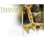 Spade e Armi antiche - Spade Templari - Spada dei Templari (dorata,) con figure in rilievo e inserti in metallo  ispirata all'Ordine monastico - cavalleresco dei Cavalieri Templari.