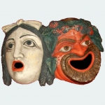 Terracottas Museum Pompeii Herculaneum - Mask of Tragedy and Comedy, free interpretation of the characters of tragic theater and comedy foreseeing the excavations of Pompeii and Herculaneum sec.I DC, terracotta sculpture, masks ancient times were used to adorn the wall of the housing.