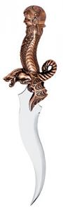 Pugnale Merlino Rame, Swords and Ancient Weapons - Legendary Swords - Lama curva in acciaio e formimento con decorazioni teriomorfe che terminano con pomellatura raffigurante il volto del Mago in metallo bronzato.