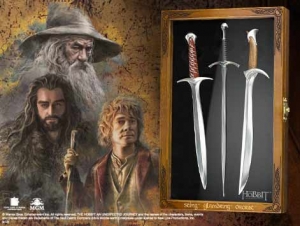 An Unexpected Journey Letter Opener Set, World Cinema - Hobbit Collection - Set includes STING, GLAMDRING and ORCRIST miniature reproductions. Comes with wood display. Display measures 10" x 6".