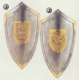 Armature elmi scudi - Scudi medievali - Scudo triangolare raffigurante lo stemma inglese dei tre leoni riprodotti in metallo a rilievo, dimensioni 89X44 cm.