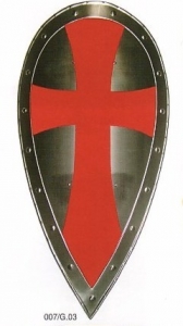 Medieval shield template, Armours - Medieval shields - Templar Shield template almond-shaped metal, painted with red cross in use in the Middle Ages, weight: 2.100 gr. size: 83x41x8cm.