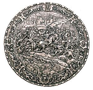 Round Shield - Roller, Armours - Medieval shields - Playing a wheel of the sixteenth century representing the Romans and Carthaginians imagined during the Second Punic War.