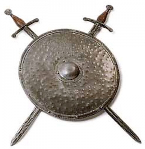 Medieval shield complete with two swords, Armours - Medieval shields - Medieval shield complete with two swords held by support, in use in medieval shields.